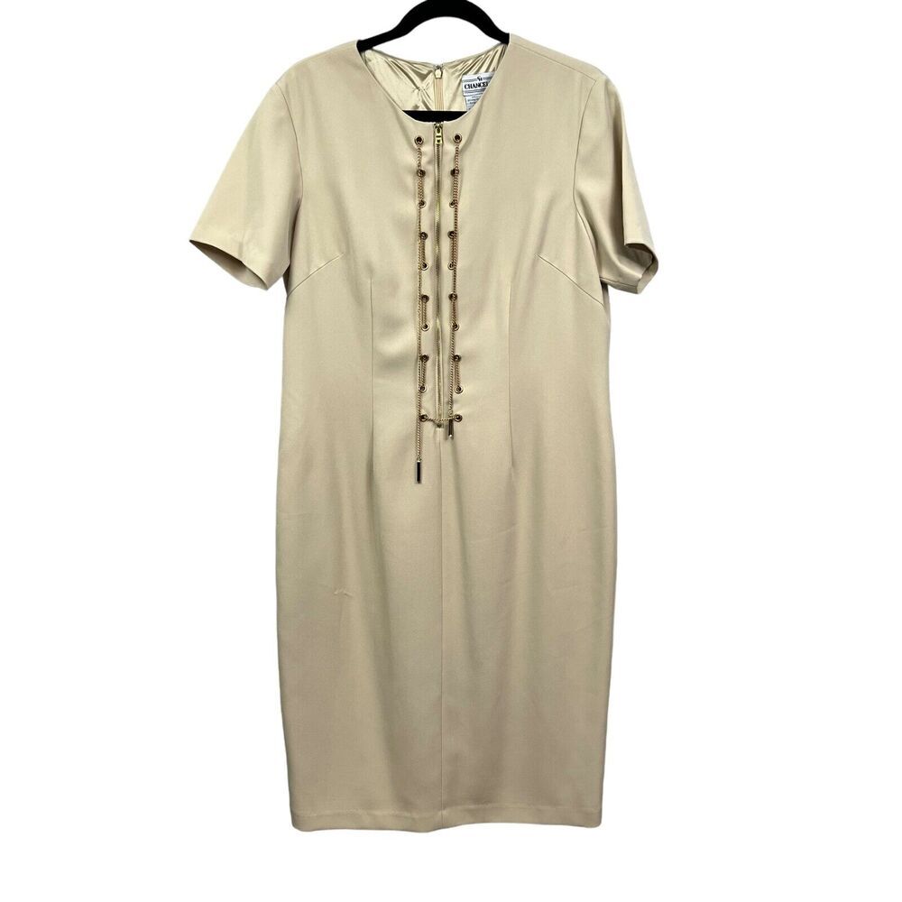 Chancelle Womens Sheath Dress Gold Chain Detail Lined Front Zip Beige Size 12*
